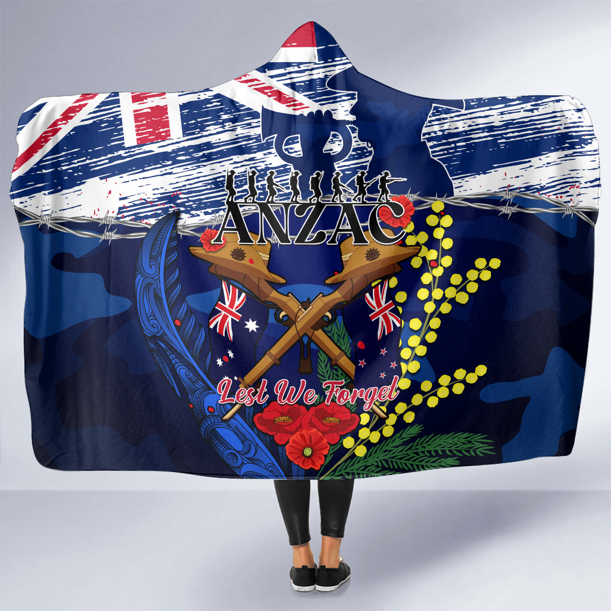 australia-and-new-zealand-anzac-day-hooded-blanket-lest-we-forget-silver-fern-with-golden-wattle