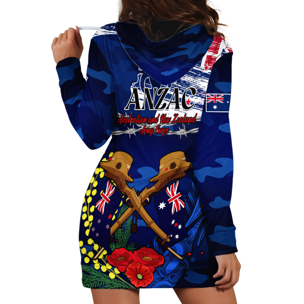 Australia And New Zealand ANZAC Day Hoodie Dress Lest We Forget Silver Fern With Golden Wattle - Vibe Hoodie Shop