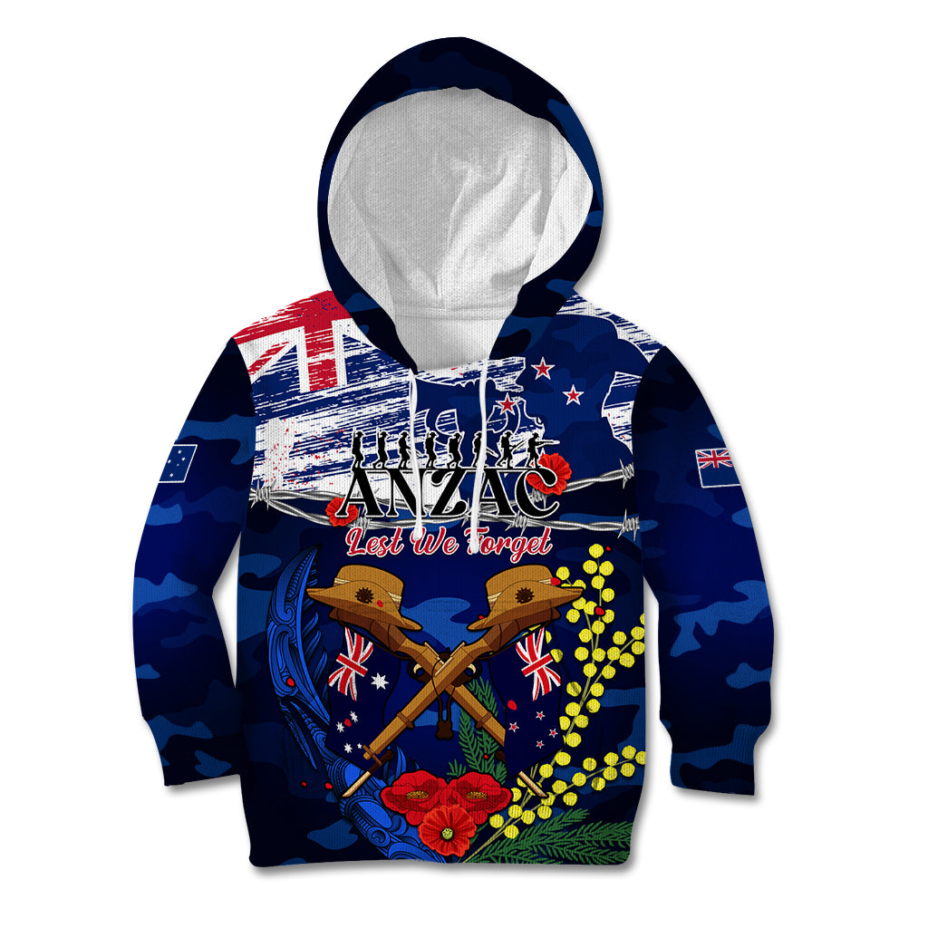 Australia And New Zealand ANZAC Day Kid Hoodie Lest We Forget Silver Fern With Golden Wattle - Vibe Hoodie Shop