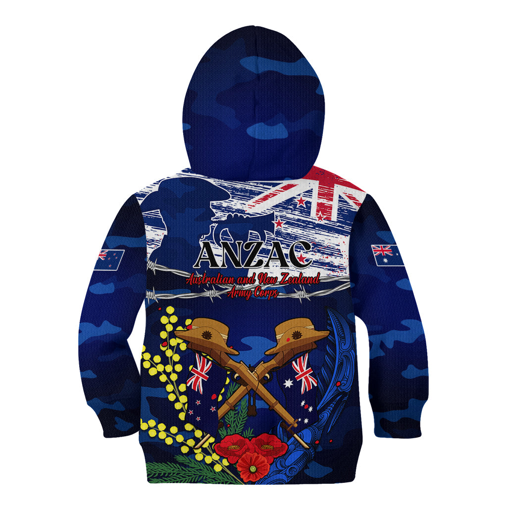 Australia And New Zealand ANZAC Day Kid Hoodie Lest We Forget Silver Fern With Golden Wattle - Vibe Hoodie Shop