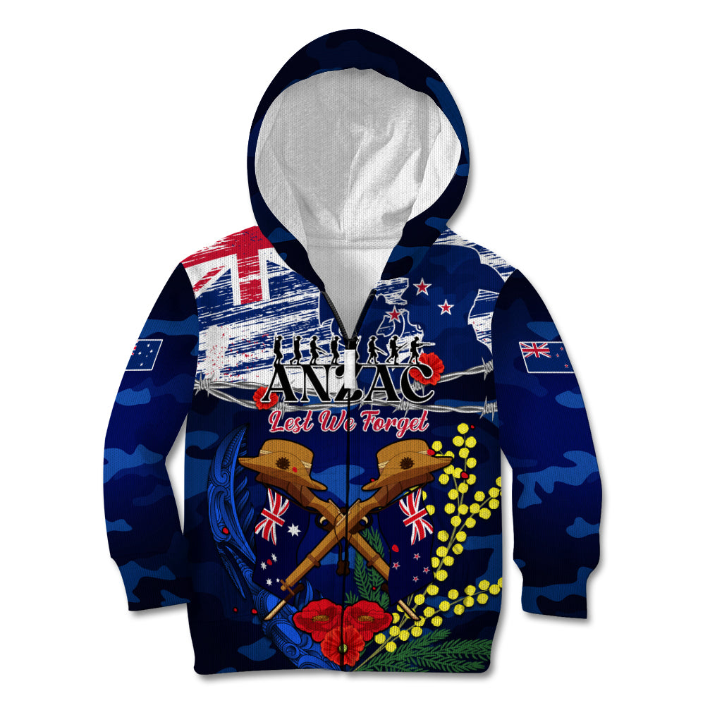 Australia And New Zealand ANZAC Day Kid Hoodie Lest We Forget Silver Fern With Golden Wattle - Vibe Hoodie Shop