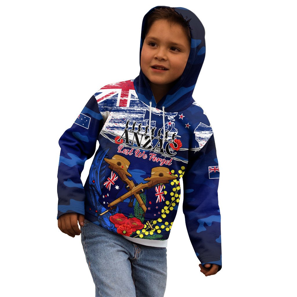 Australia And New Zealand ANZAC Day Kid Hoodie Lest We Forget Silver Fern With Golden Wattle - Vibe Hoodie Shop