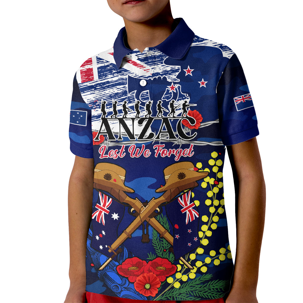 Australia And New Zealand ANZAC Day Kid Polo Shirt Lest We Forget Silver Fern With Golden Wattle - Vibe Hoodie Shop