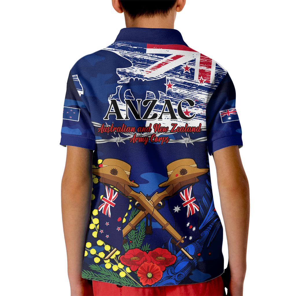 Australia And New Zealand ANZAC Day Kid Polo Shirt Lest We Forget Silver Fern With Golden Wattle - Vibe Hoodie Shop