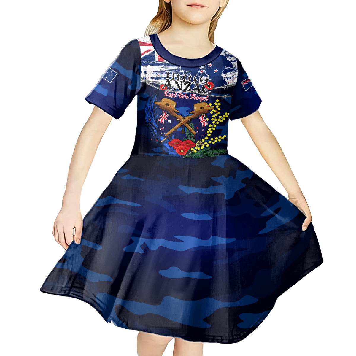 Australia And New Zealand ANZAC Day Kid Short Sleeve Dress Lest We Forget Silver Fern With Golden Wattle - Vibe Hoodie Shop