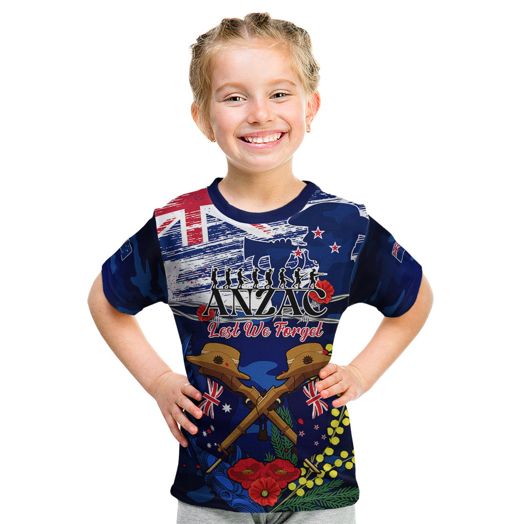 Australia And New Zealand ANZAC Day Kid T Shirt Lest We Forget Silver Fern With Golden Wattle - Vibe Hoodie Shop