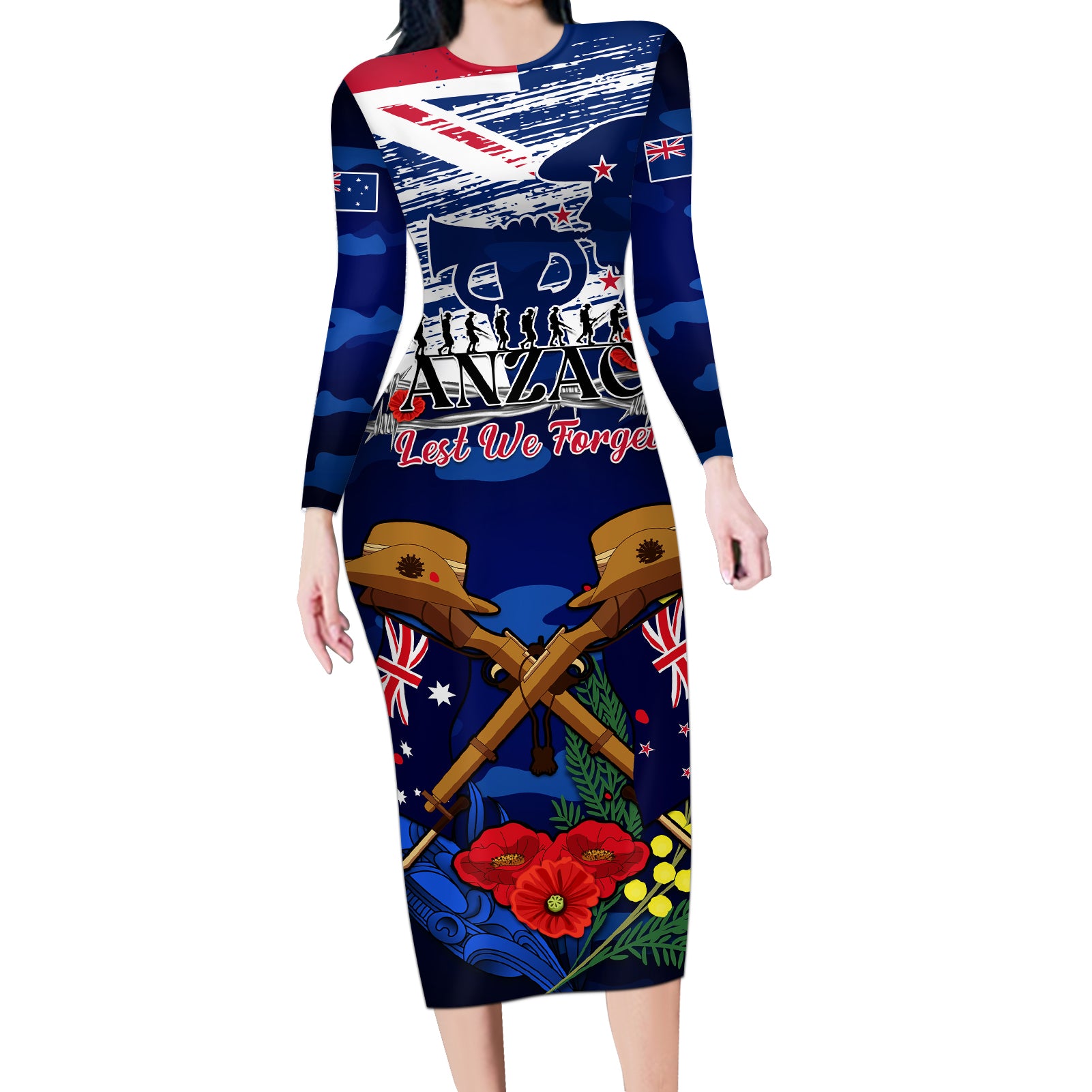 australia-and-new-zealand-anzac-day-long-sleeve-bodycon-dress-lest-we-forget-silver-fern-with-golden-wattle