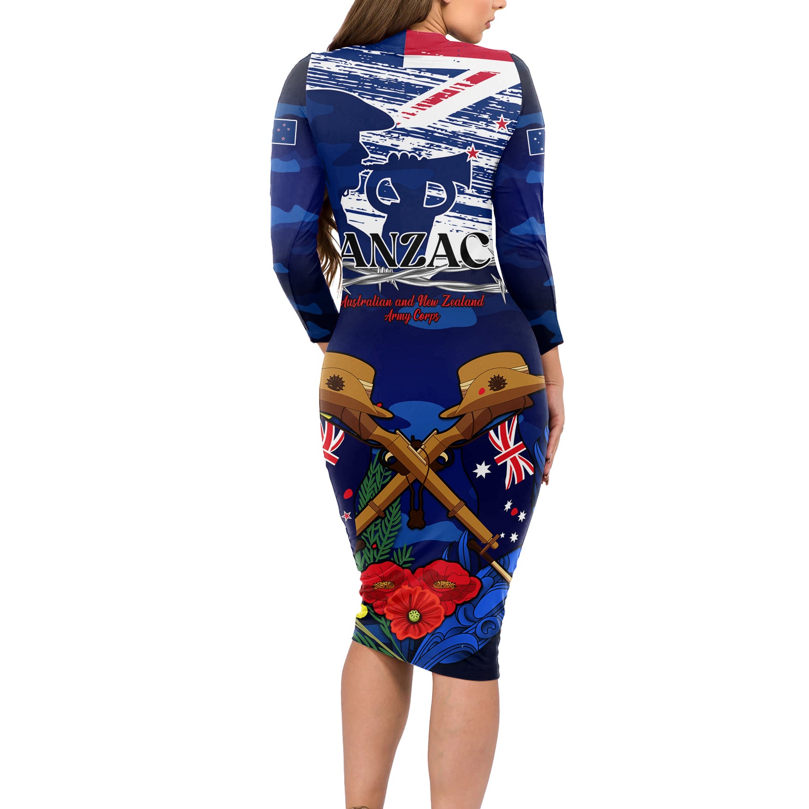 australia-and-new-zealand-anzac-day-long-sleeve-bodycon-dress-lest-we-forget-silver-fern-with-golden-wattle