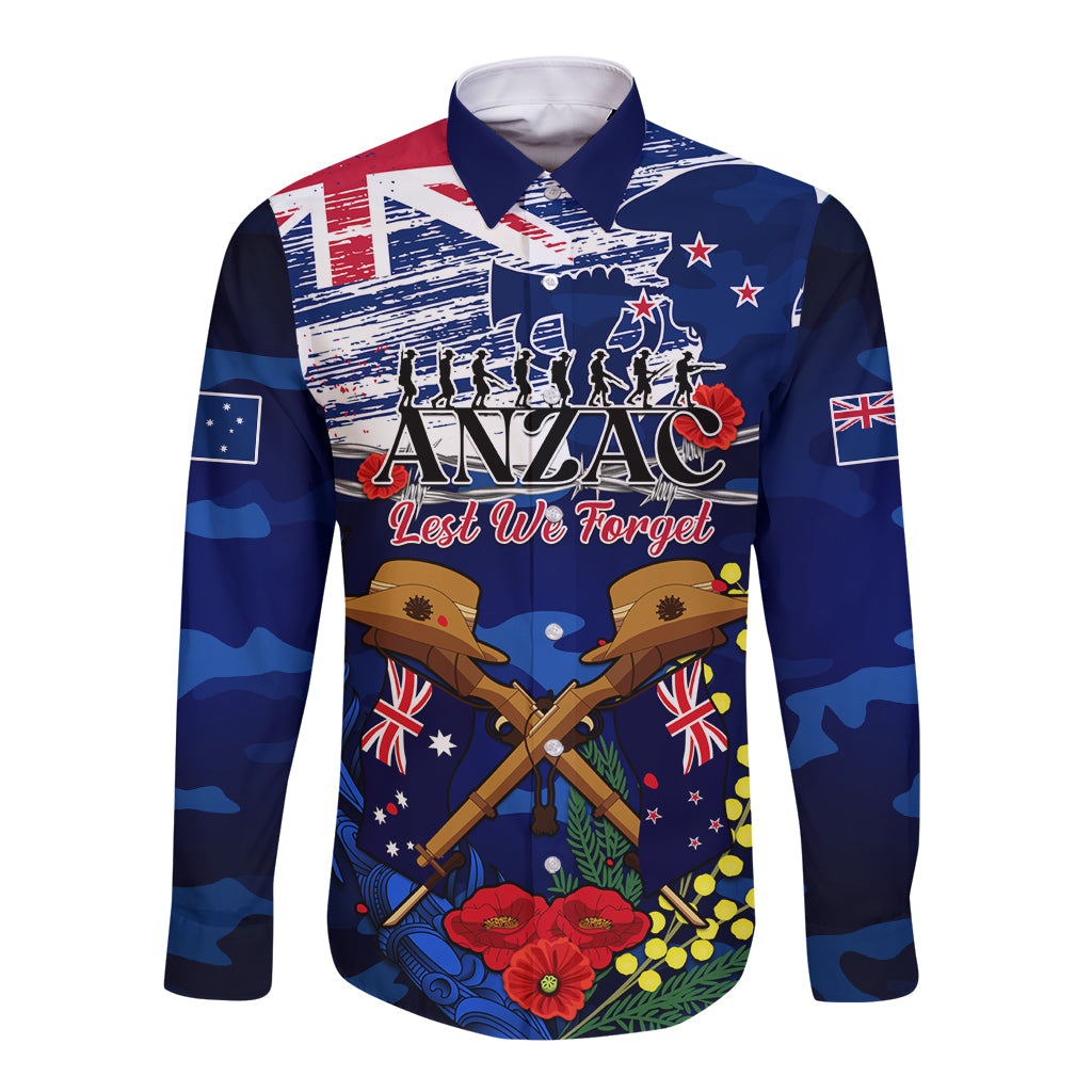 Australia And New Zealand ANZAC Day Long Sleeve Button Shirt Lest We Forget Silver Fern With Golden Wattle - Vibe Hoodie Shop