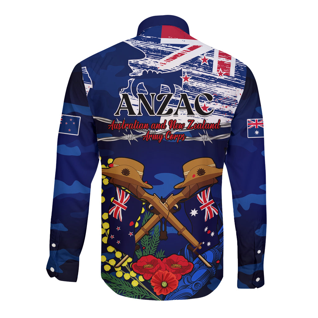 Australia And New Zealand ANZAC Day Long Sleeve Button Shirt Lest We Forget Silver Fern With Golden Wattle - Vibe Hoodie Shop