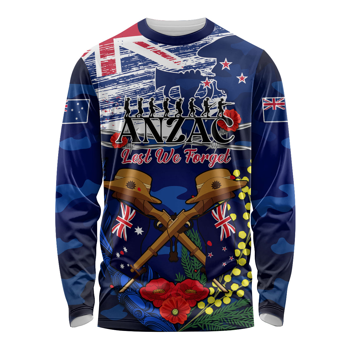 Australia And New Zealand ANZAC Day Long Sleeve Shirt Lest We Forget Silver Fern With Golden Wattle - Vibe Hoodie Shop