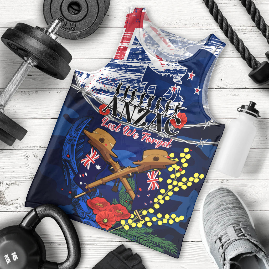 Australia And New Zealand ANZAC Day Men Tank Top Lest We Forget Silver Fern With Golden Wattle - Vibe Hoodie Shop