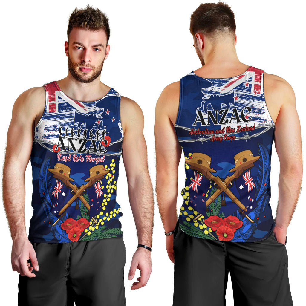 Australia And New Zealand ANZAC Day Men Tank Top Lest We Forget Silver Fern With Golden Wattle - Vibe Hoodie Shop