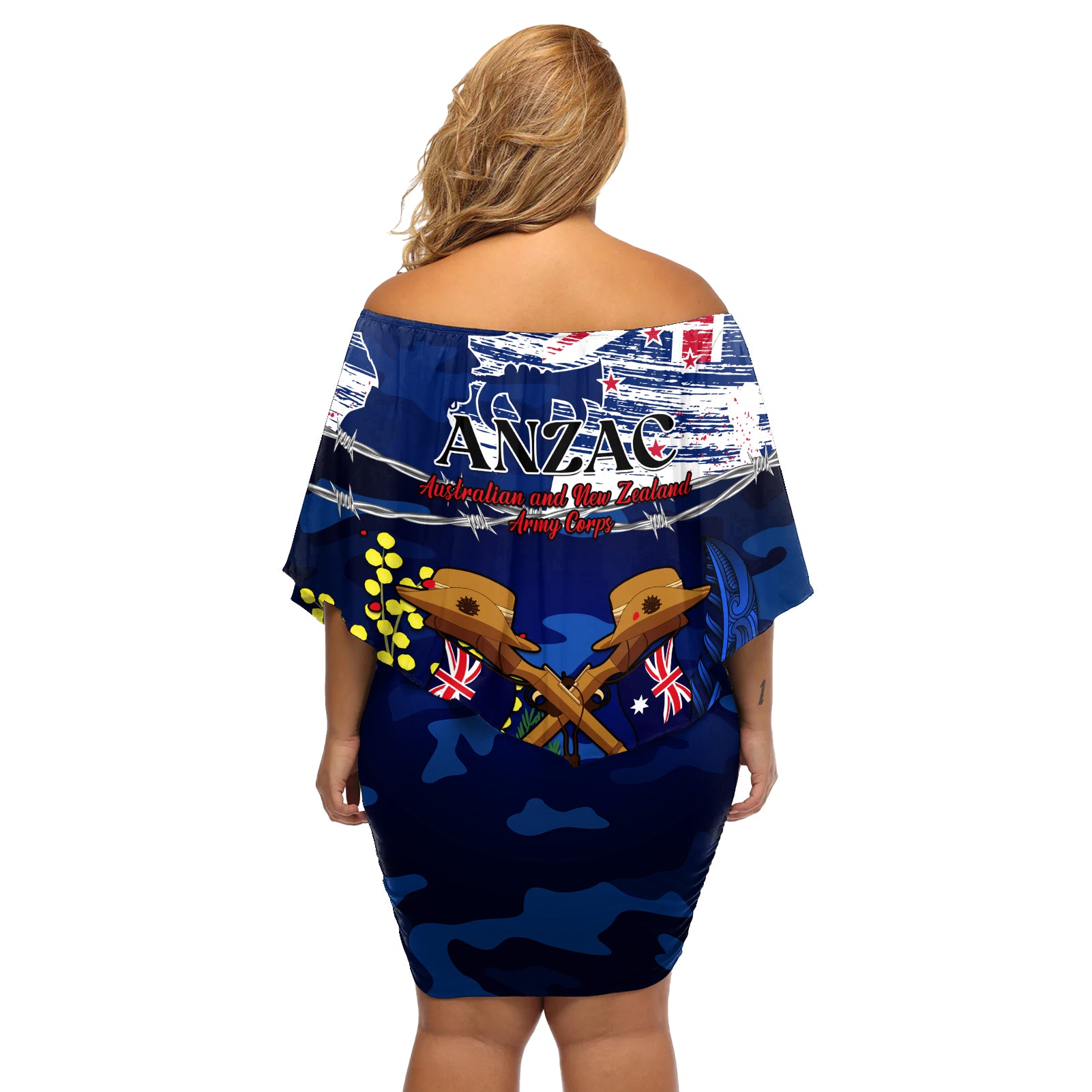 australia-and-new-zealand-anzac-day-off-shoulder-short-dress-lest-we-forget-silver-fern-with-golden-wattle