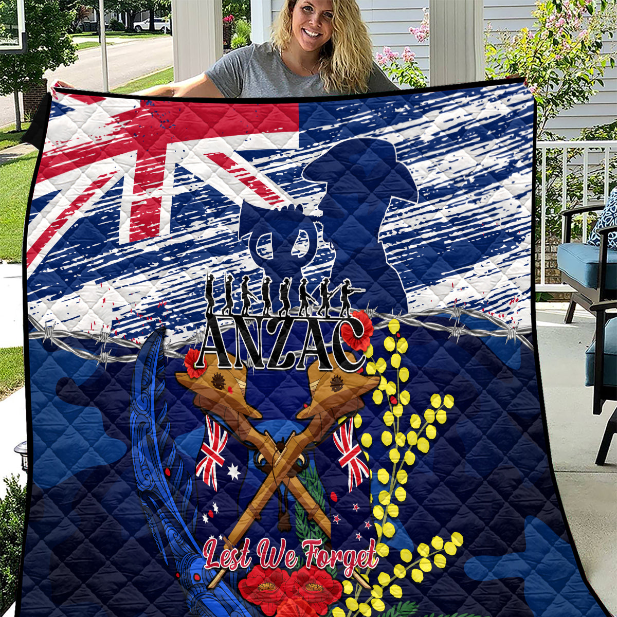 Australia And New Zealand ANZAC Day Quilt Lest We Forget Silver Fern With Golden Wattle - Vibe Hoodie Shop