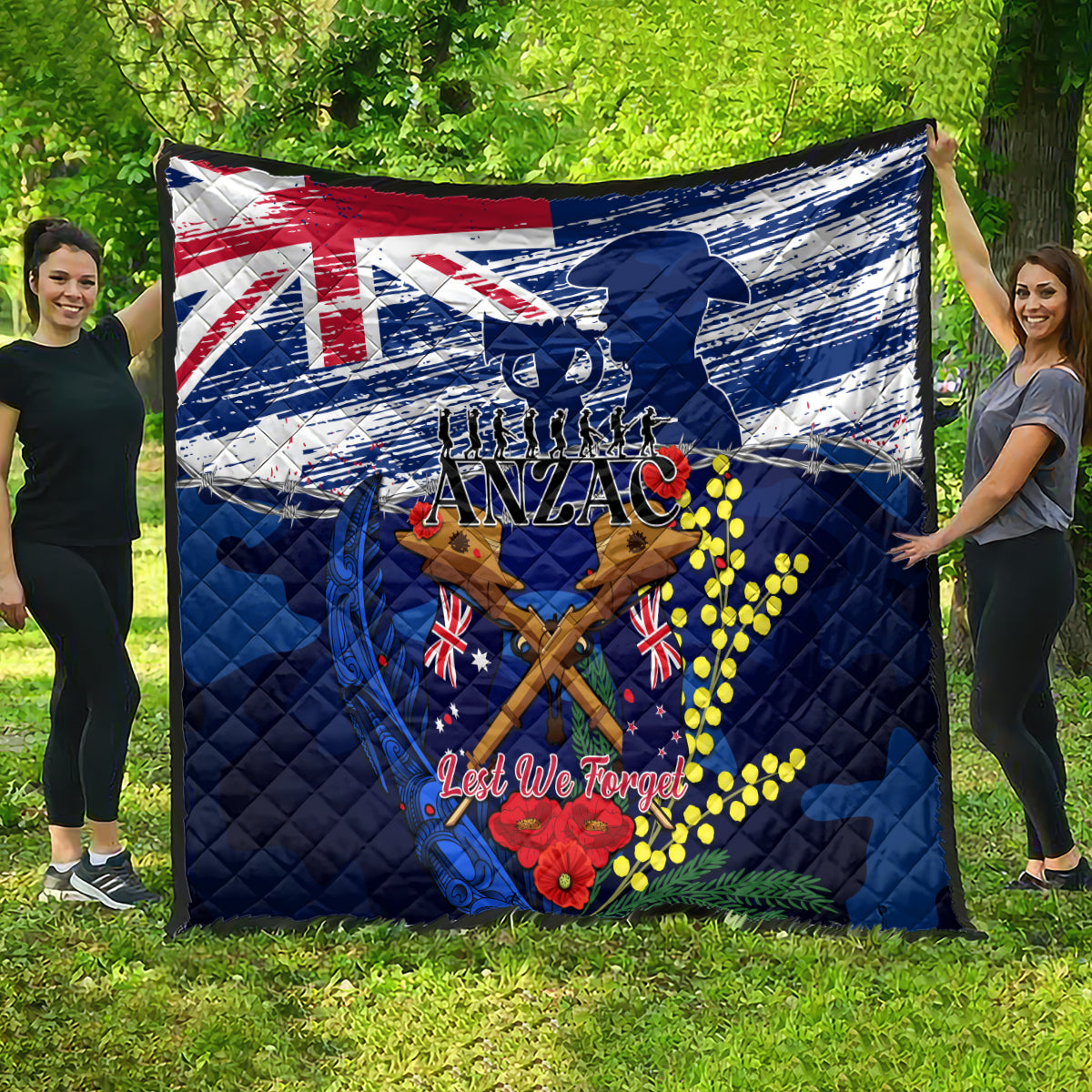 Australia And New Zealand ANZAC Day Quilt Lest We Forget Silver Fern With Golden Wattle - Vibe Hoodie Shop