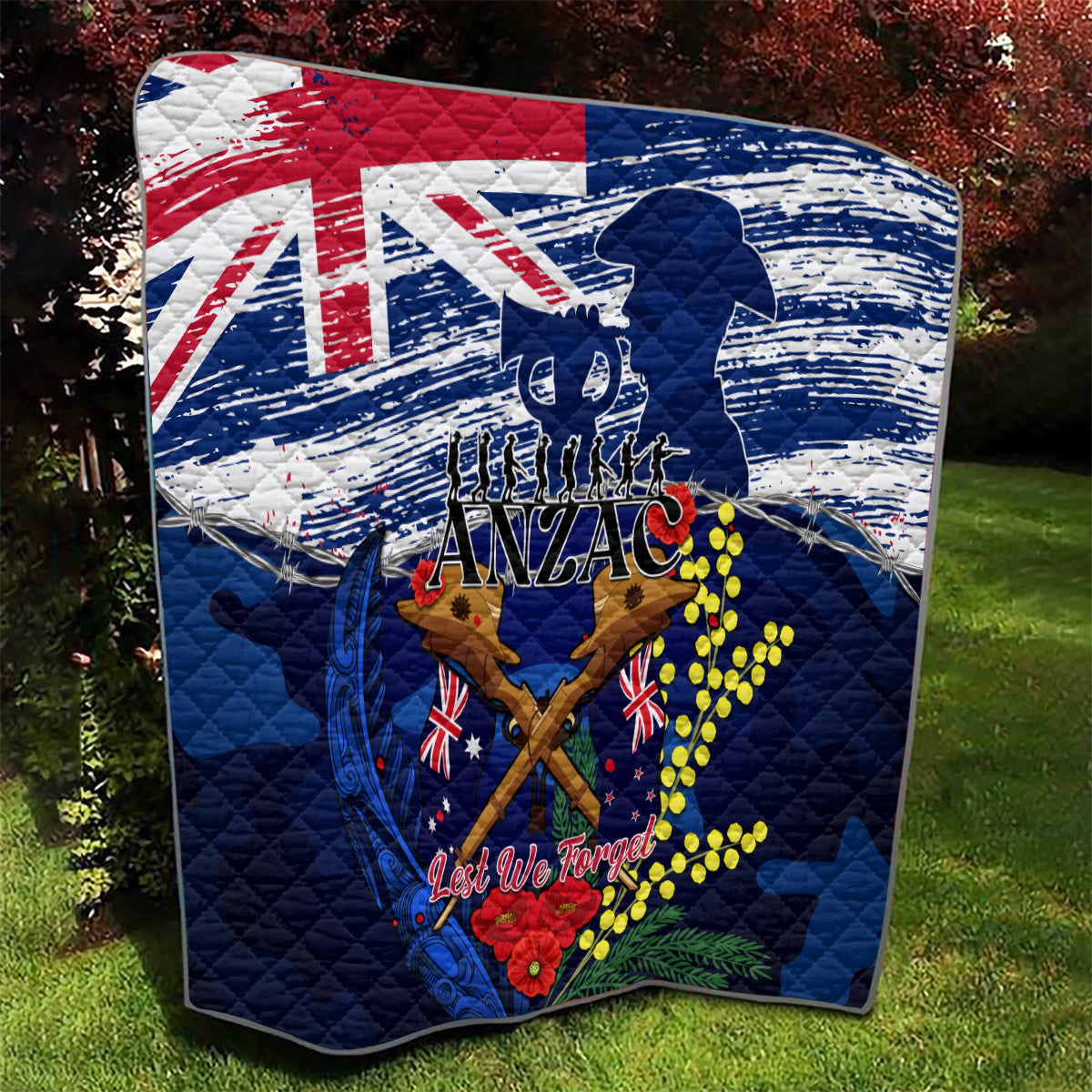 Australia And New Zealand ANZAC Day Quilt Lest We Forget Silver Fern With Golden Wattle - Vibe Hoodie Shop