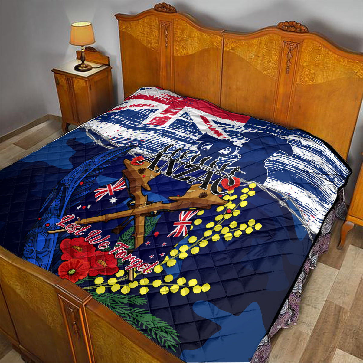 Australia And New Zealand ANZAC Day Quilt Lest We Forget Silver Fern With Golden Wattle - Vibe Hoodie Shop