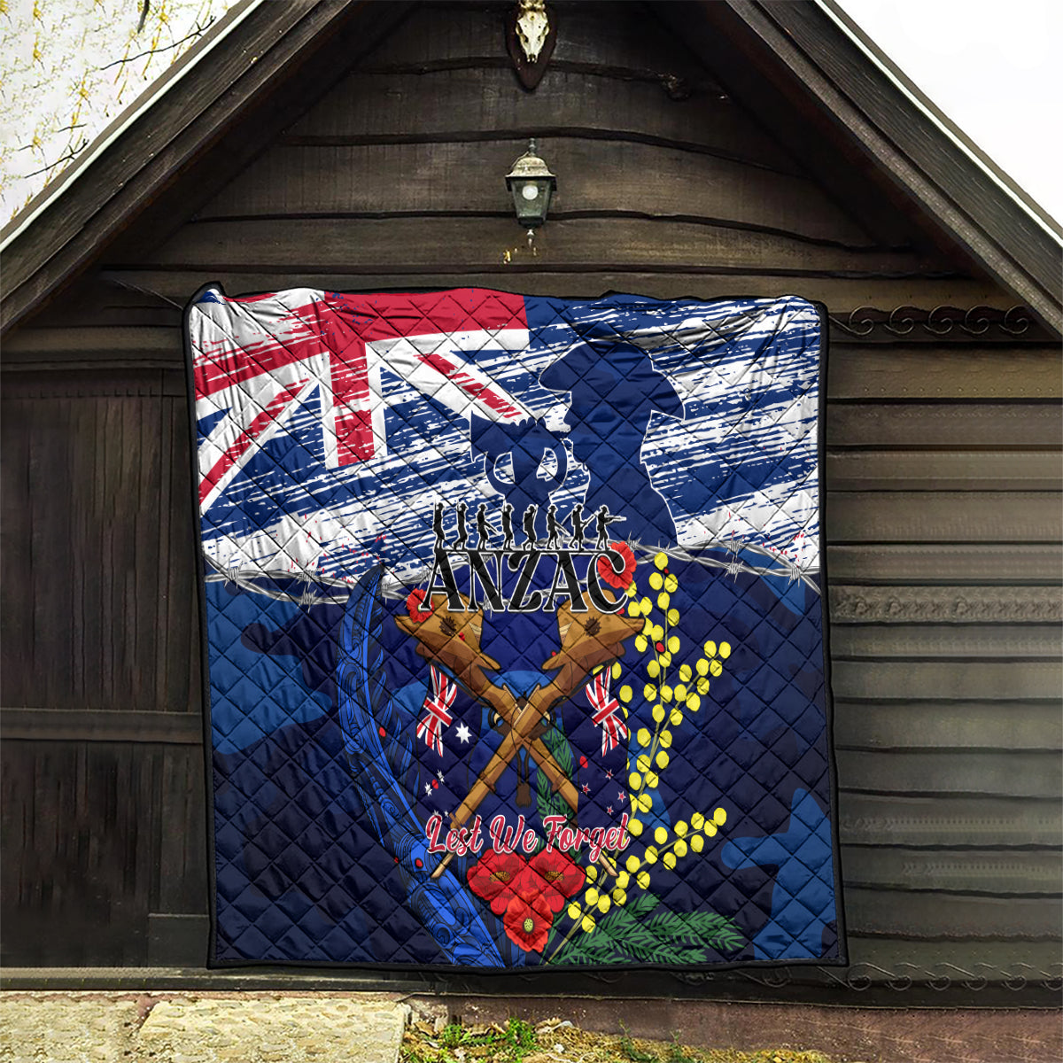 Australia And New Zealand ANZAC Day Quilt Lest We Forget Silver Fern With Golden Wattle - Vibe Hoodie Shop