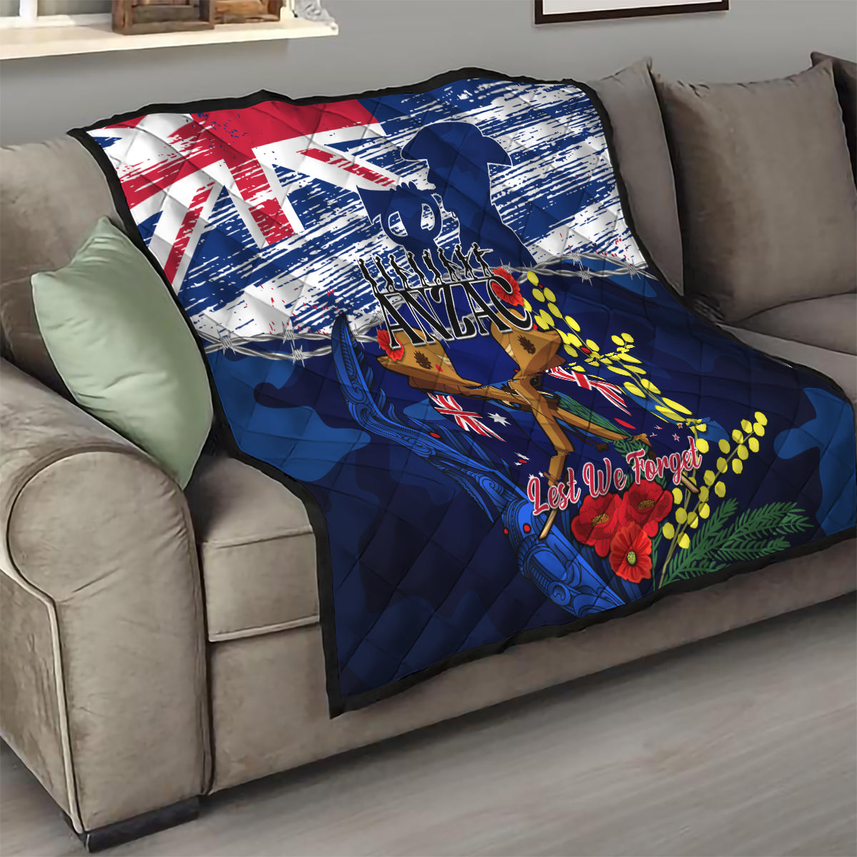 Australia And New Zealand ANZAC Day Quilt Lest We Forget Silver Fern With Golden Wattle - Vibe Hoodie Shop