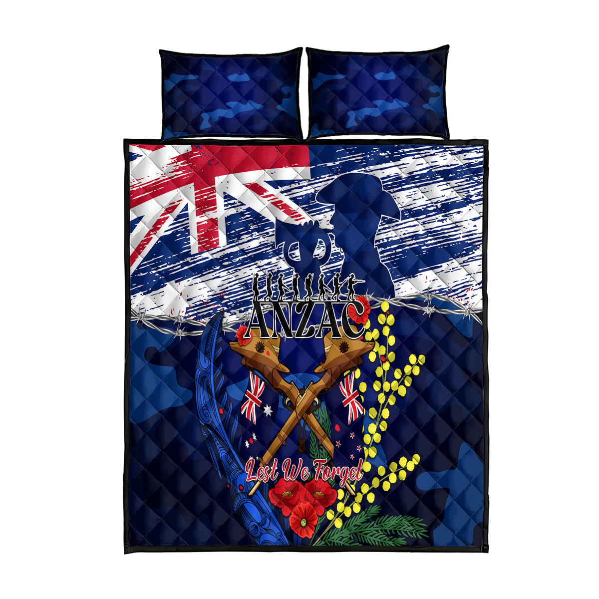 Australia And New Zealand ANZAC Day Quilt Bed Set Lest We Forget Silver Fern With Golden Wattle - Vibe Hoodie Shop