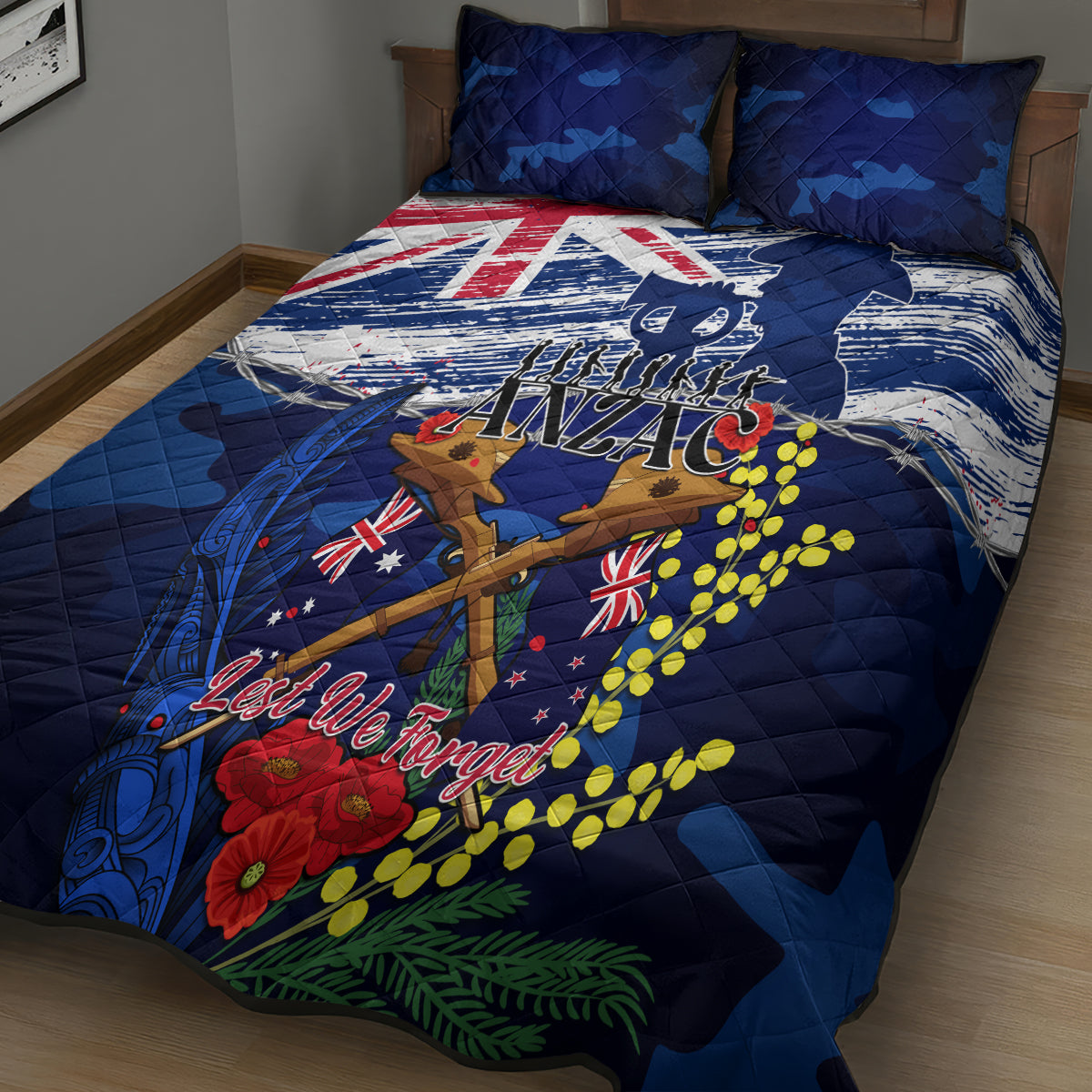 Australia And New Zealand ANZAC Day Quilt Bed Set Lest We Forget Silver Fern With Golden Wattle - Vibe Hoodie Shop