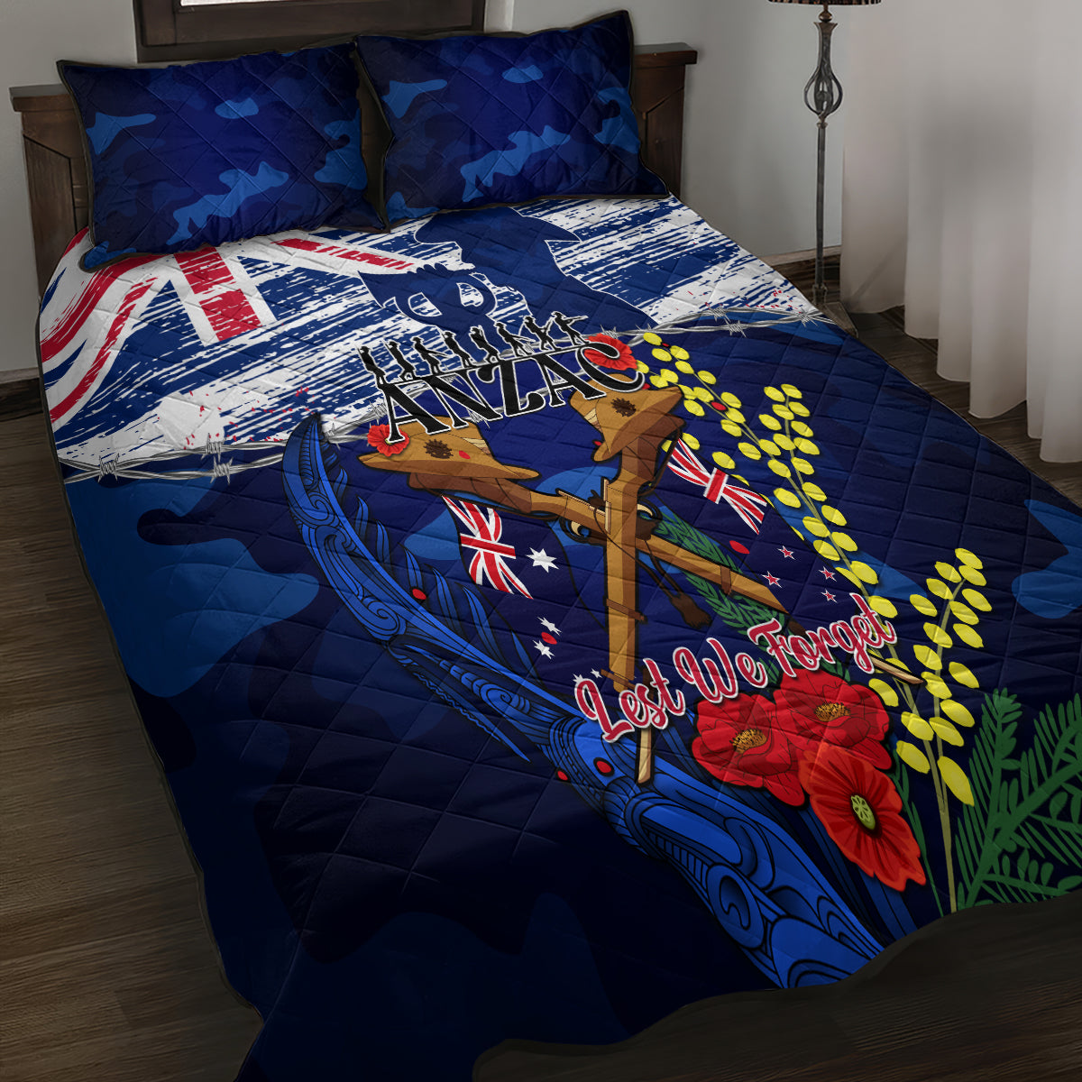 Australia And New Zealand ANZAC Day Quilt Bed Set Lest We Forget Silver Fern With Golden Wattle - Vibe Hoodie Shop