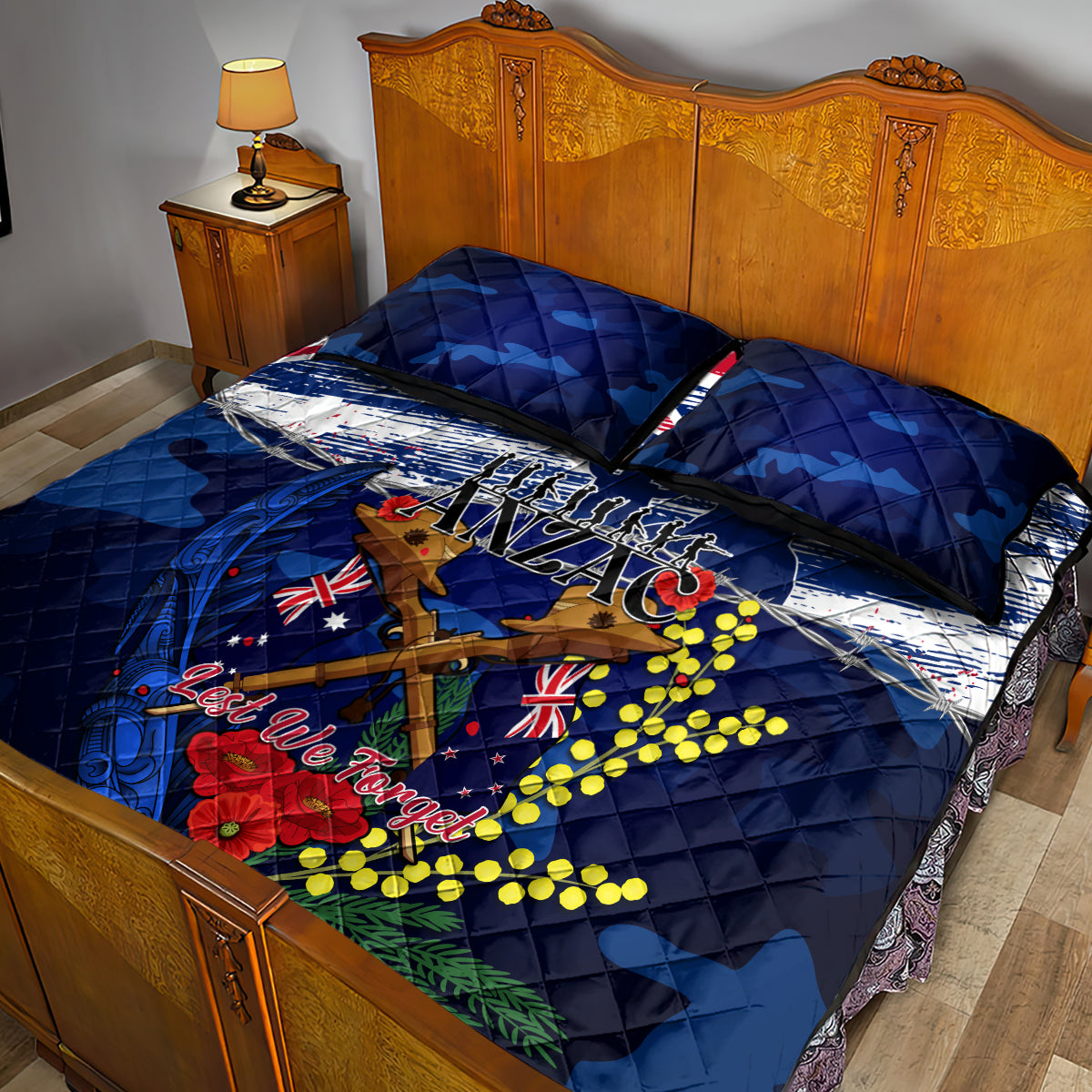 Australia And New Zealand ANZAC Day Quilt Bed Set Lest We Forget Silver Fern With Golden Wattle - Vibe Hoodie Shop