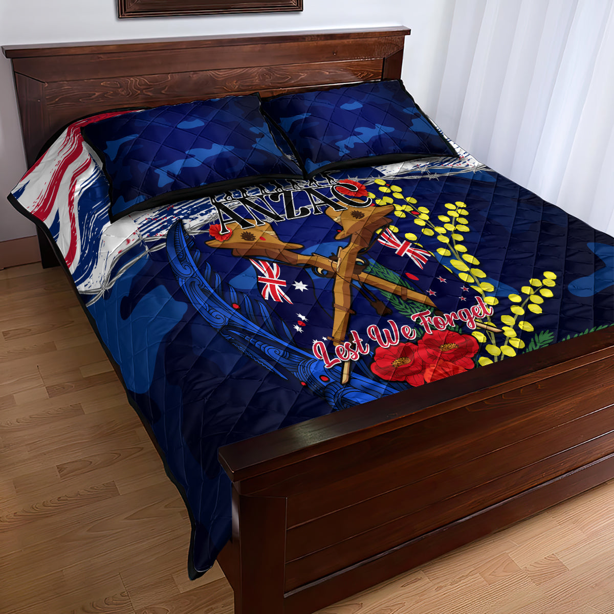 Australia And New Zealand ANZAC Day Quilt Bed Set Lest We Forget Silver Fern With Golden Wattle - Vibe Hoodie Shop