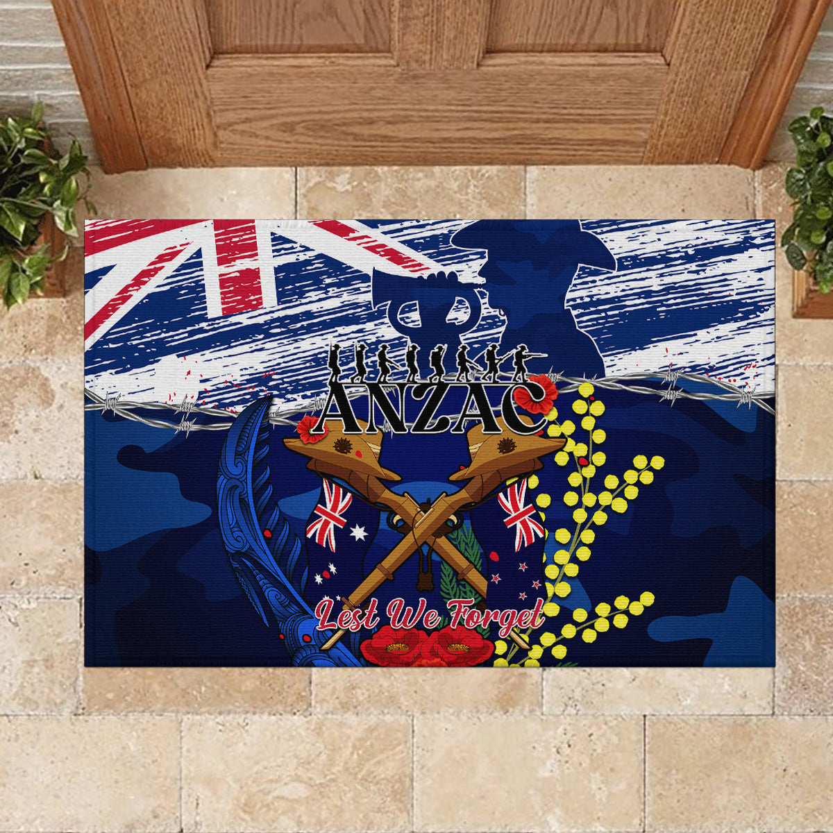 australia-and-new-zealand-anzac-day-rubber-doormat-lest-we-forget-silver-fern-with-golden-wattle