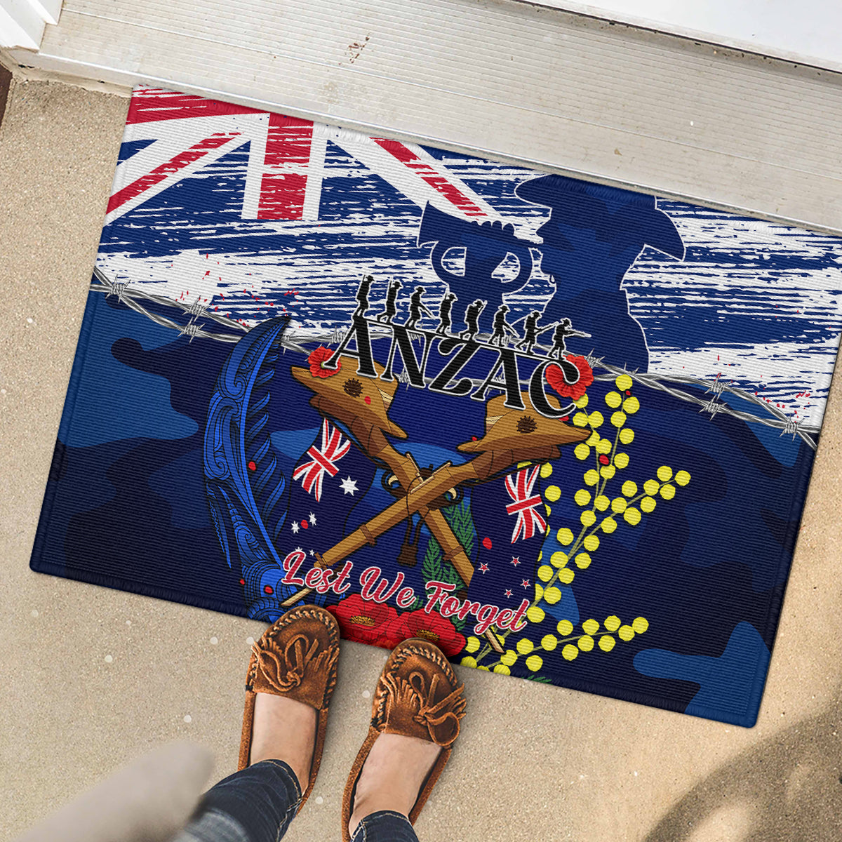 australia-and-new-zealand-anzac-day-rubber-doormat-lest-we-forget-silver-fern-with-golden-wattle