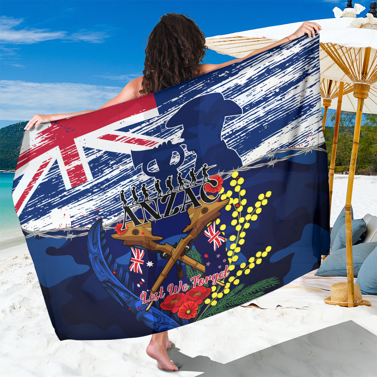 Australia And New Zealand ANZAC Day Sarong Lest We Forget Silver Fern With Golden Wattle - Vibe Hoodie Shop