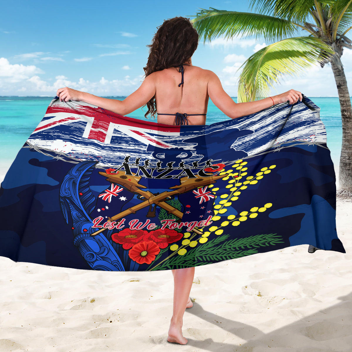 Australia And New Zealand ANZAC Day Sarong Lest We Forget Silver Fern With Golden Wattle - Vibe Hoodie Shop