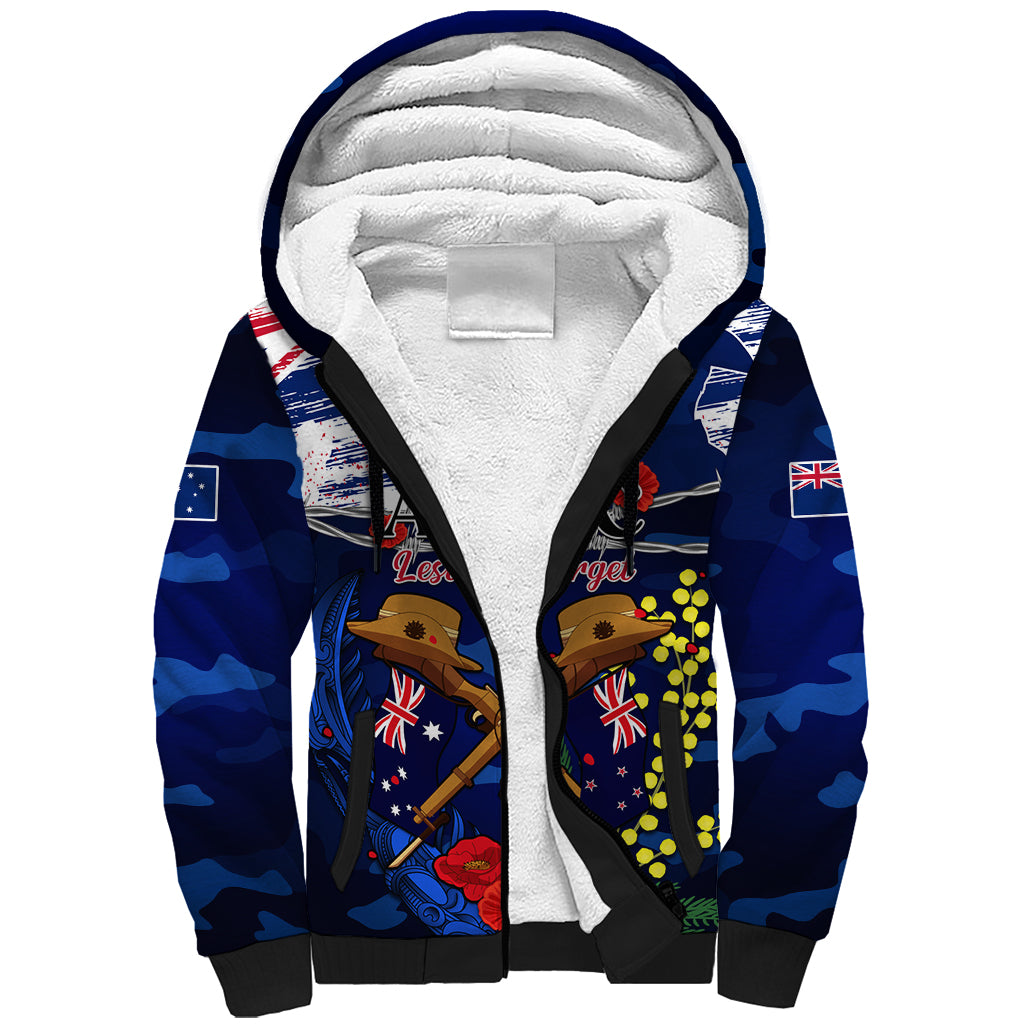 Australia And New Zealand ANZAC Day Sherpa Hoodie Lest We Forget Silver Fern With Golden Wattle - Vibe Hoodie Shop