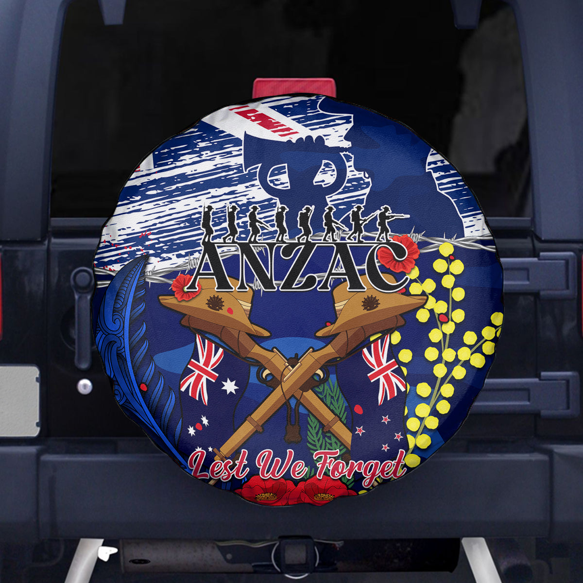 Australia And New Zealand ANZAC Day Spare Tire Cover Lest We Forget Silver Fern With Golden Wattle - Vibe Hoodie Shop