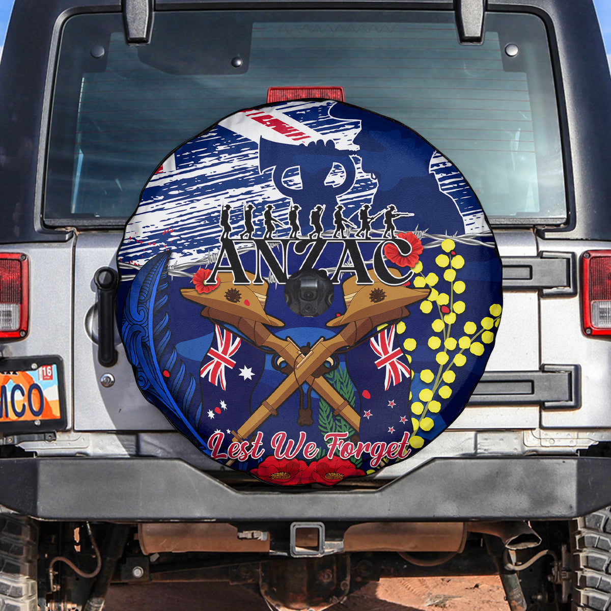 Australia And New Zealand ANZAC Day Spare Tire Cover Lest We Forget Silver Fern With Golden Wattle - Vibe Hoodie Shop