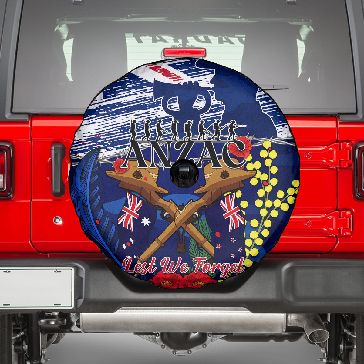 Australia And New Zealand ANZAC Day Spare Tire Cover Lest We Forget Silver Fern With Golden Wattle - Vibe Hoodie Shop