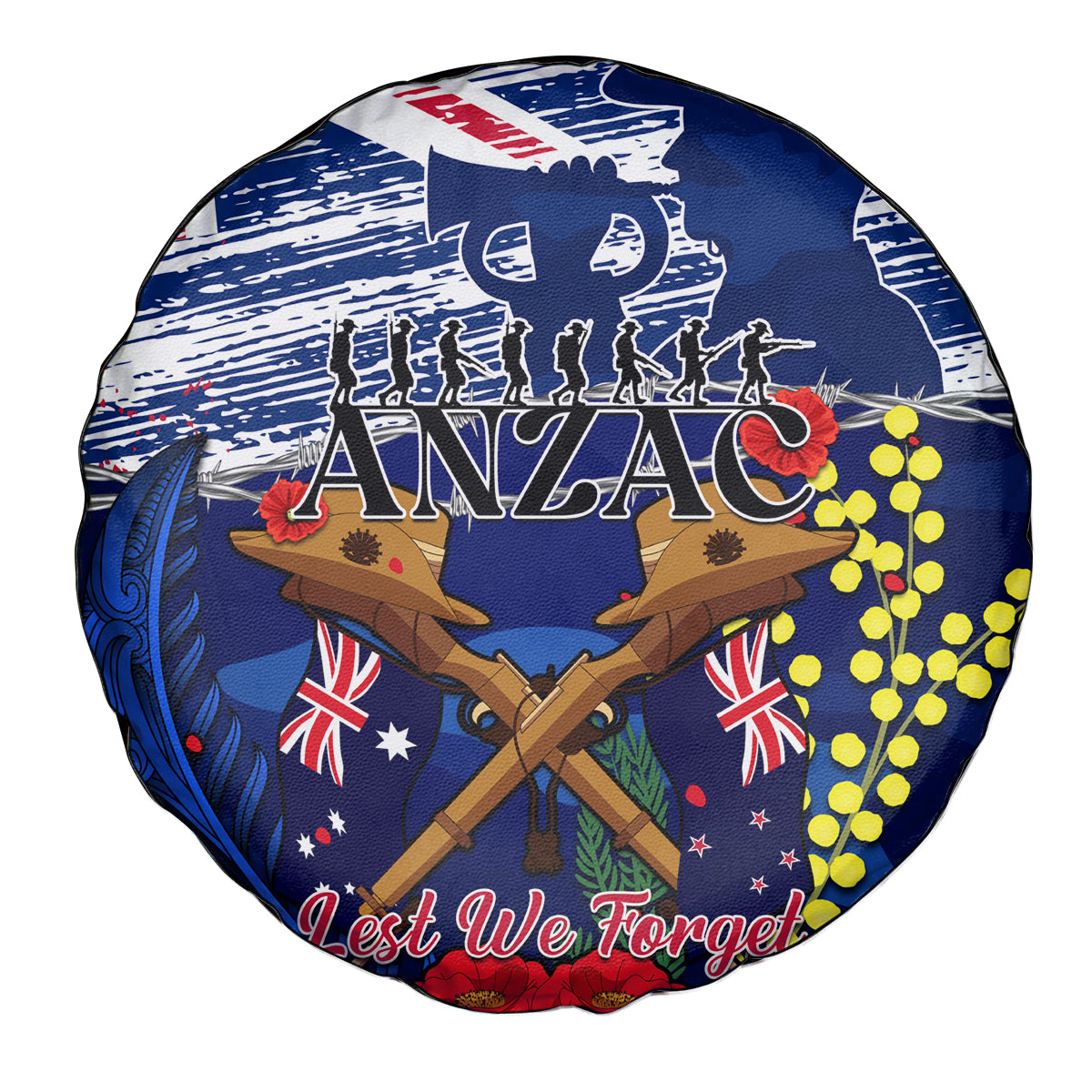 Australia And New Zealand ANZAC Day Spare Tire Cover Lest We Forget Silver Fern With Golden Wattle - Vibe Hoodie Shop