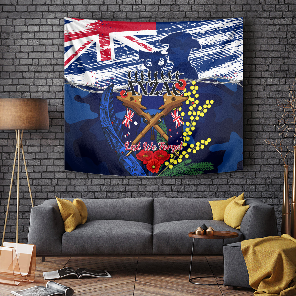 Australia And New Zealand ANZAC Day Tapestry Lest We Forget Silver Fern With Golden Wattle - Vibe Hoodie Shop