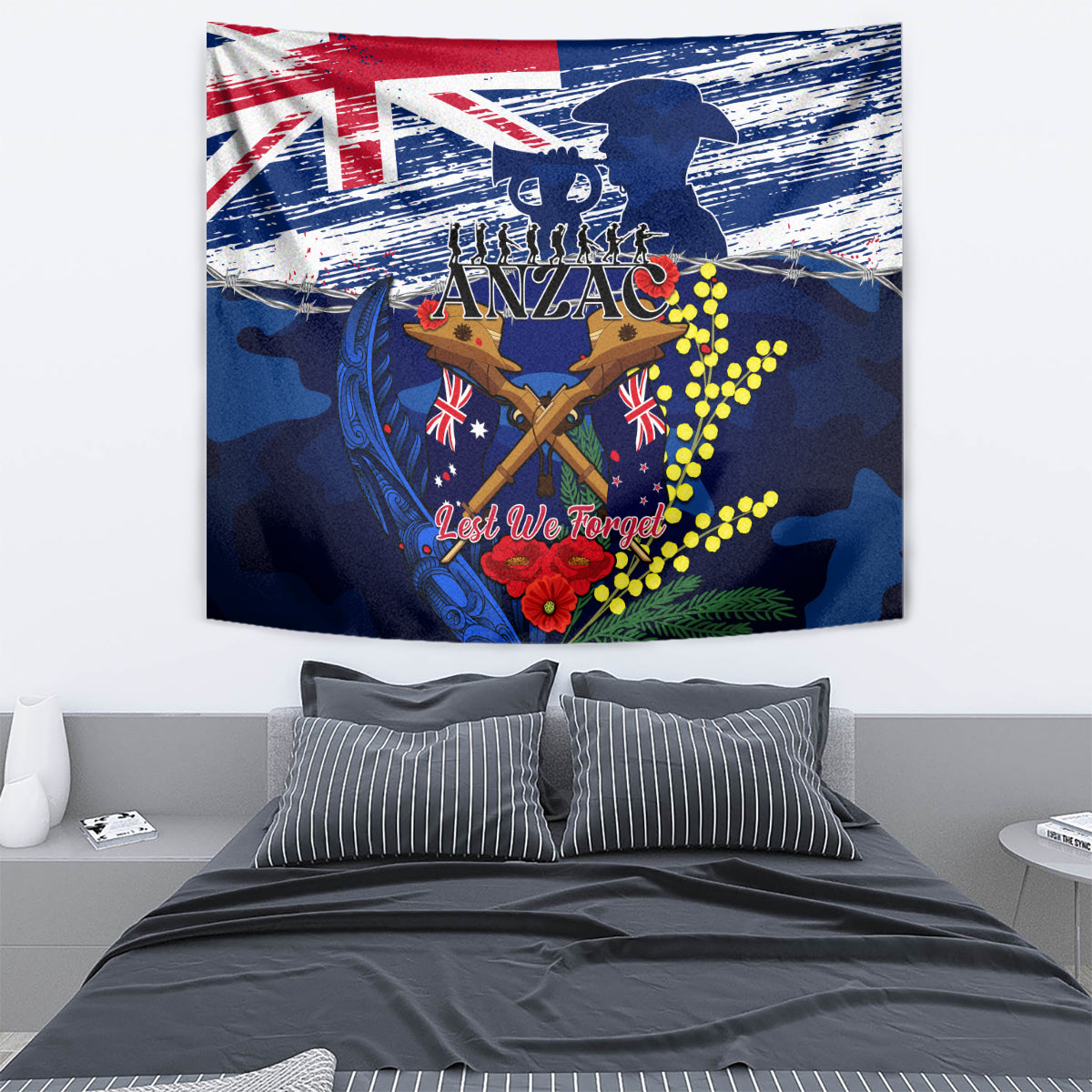 Australia And New Zealand ANZAC Day Tapestry Lest We Forget Silver Fern With Golden Wattle - Vibe Hoodie Shop