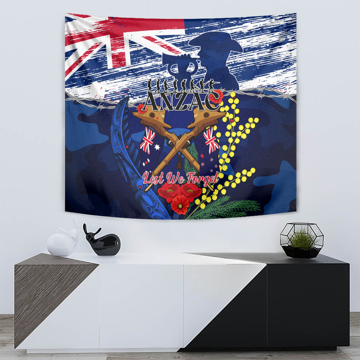 Australia And New Zealand ANZAC Day Tapestry Lest We Forget Silver Fern With Golden Wattle - Vibe Hoodie Shop