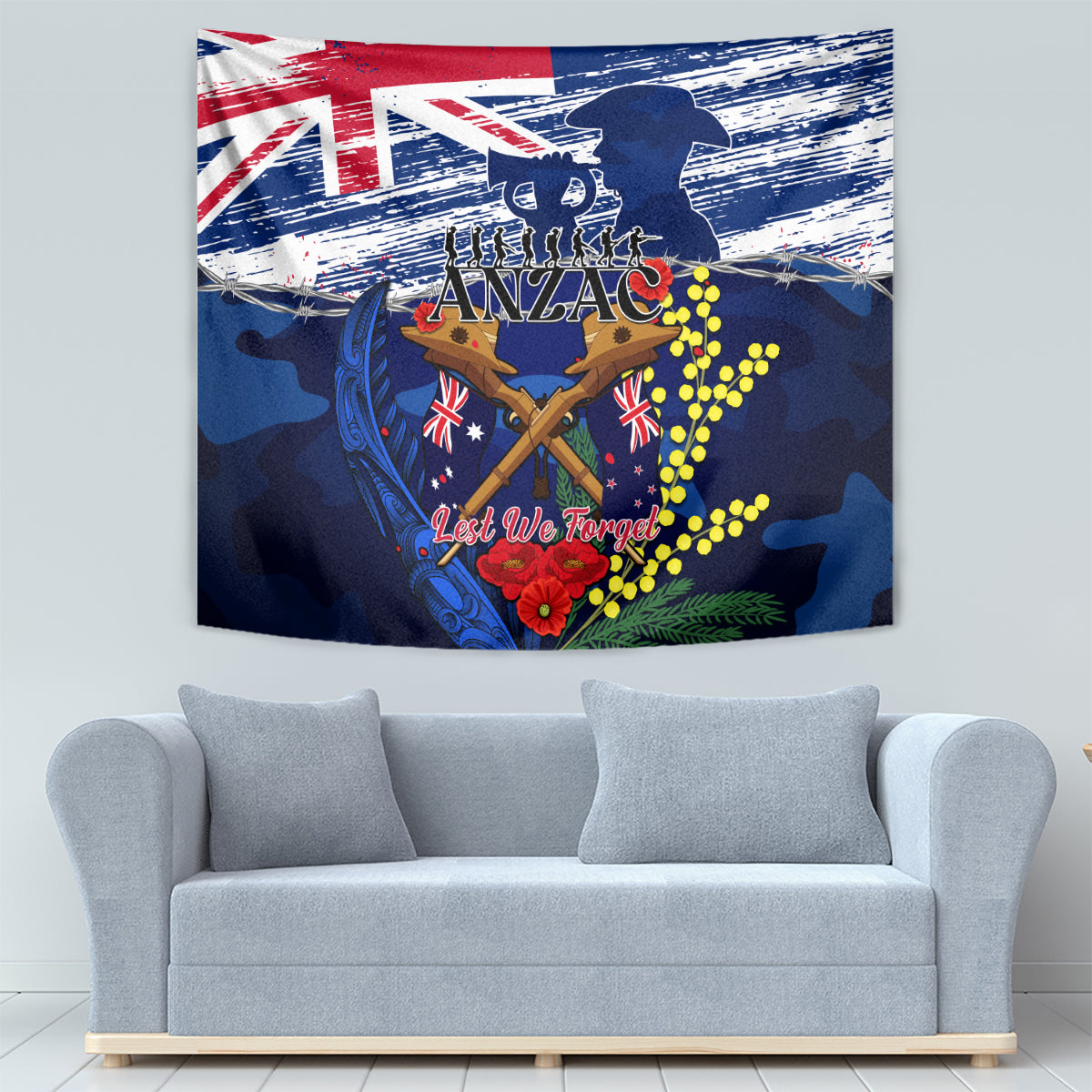 Australia And New Zealand ANZAC Day Tapestry Lest We Forget Silver Fern With Golden Wattle - Vibe Hoodie Shop