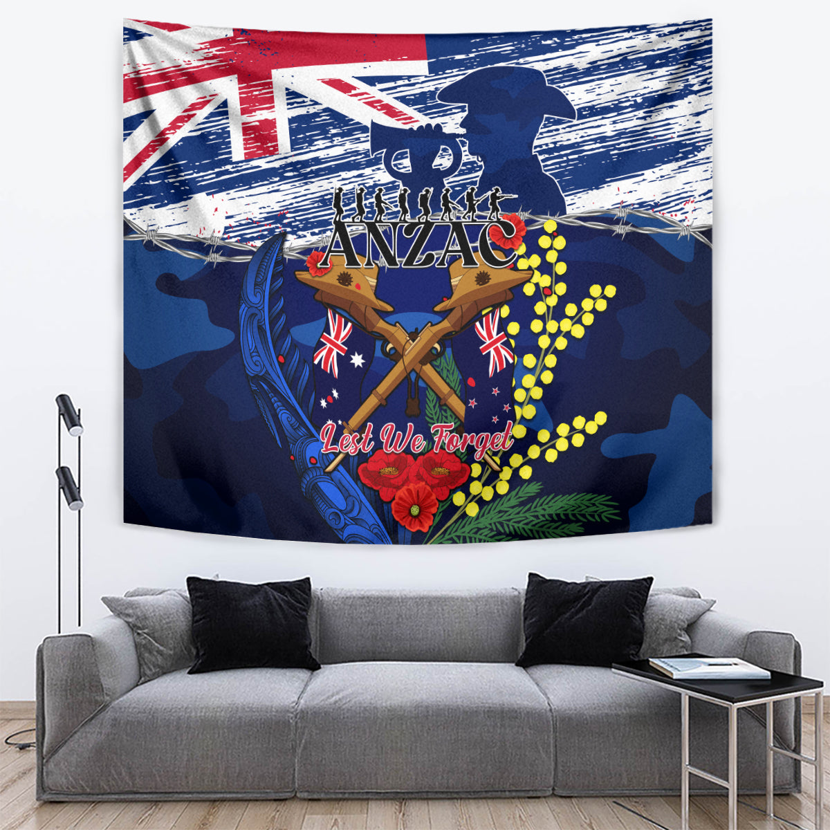 Australia And New Zealand ANZAC Day Tapestry Lest We Forget Silver Fern With Golden Wattle - Vibe Hoodie Shop