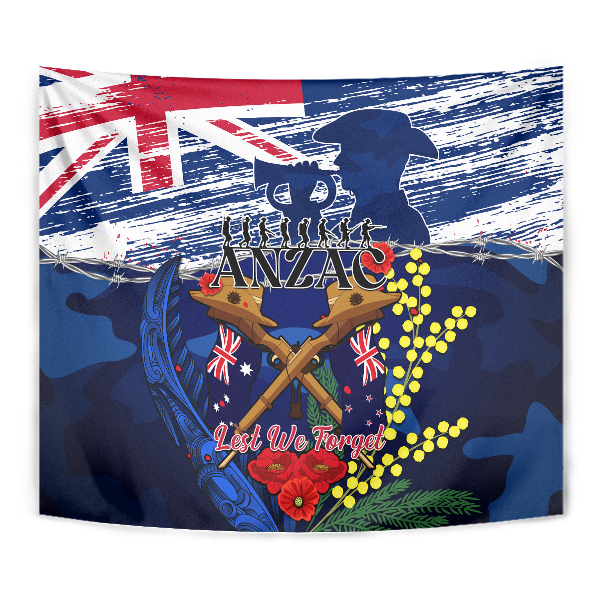 Australia And New Zealand ANZAC Day Tapestry Lest We Forget Silver Fern With Golden Wattle - Vibe Hoodie Shop