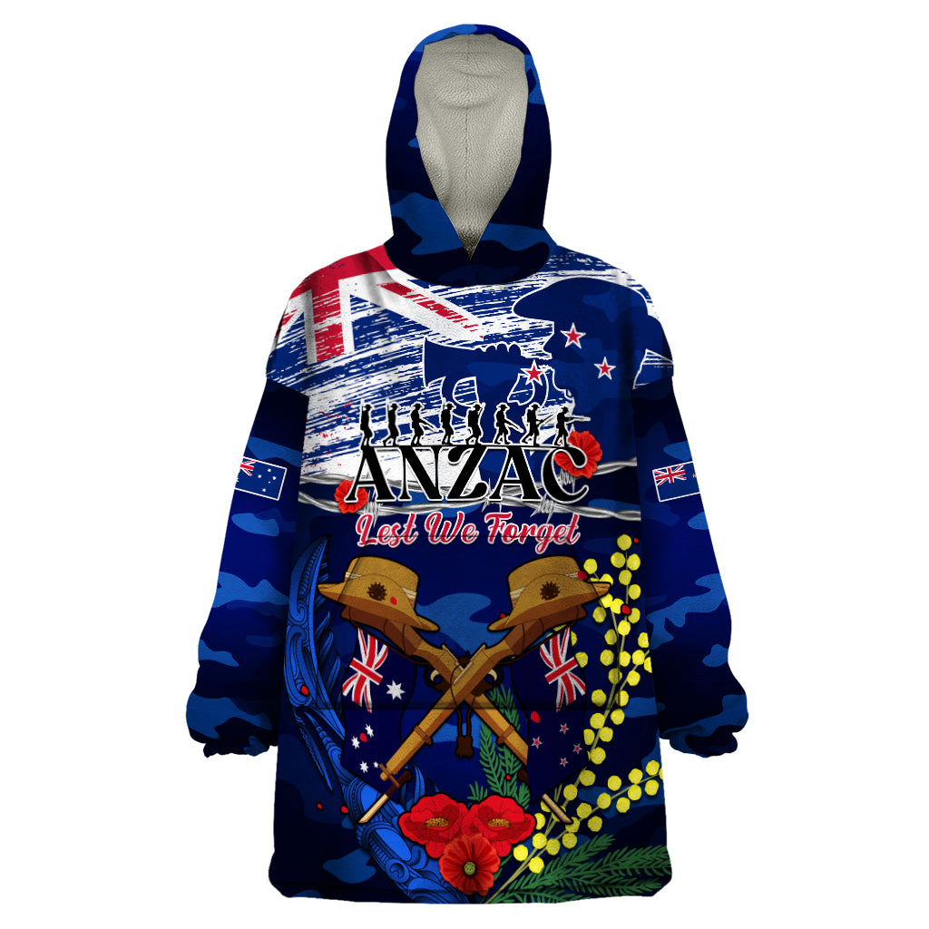 Australia And New Zealand ANZAC Day Wearable Blanket Hoodie Lest We Forget Silver Fern With Golden Wattle - Vibe Hoodie Shop