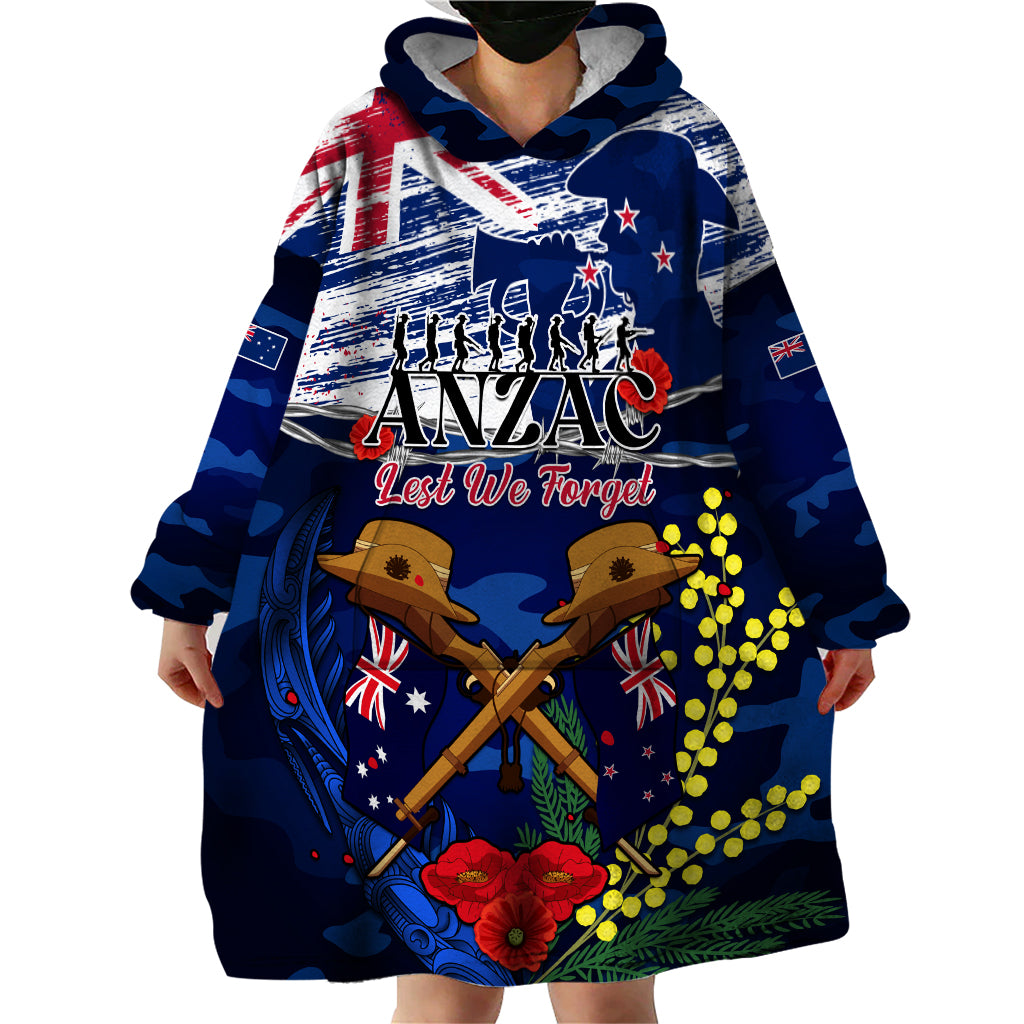 Australia And New Zealand ANZAC Day Wearable Blanket Hoodie Lest We Forget Silver Fern With Golden Wattle - Vibe Hoodie Shop