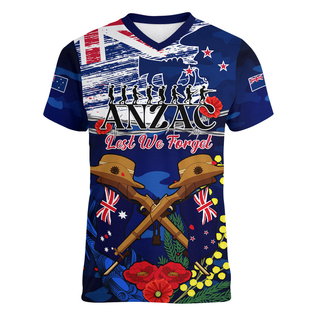 Australia And New Zealand ANZAC Day Women V Neck T Shirt Lest We Forget Silver Fern With Golden Wattle - Vibe Hoodie Shop