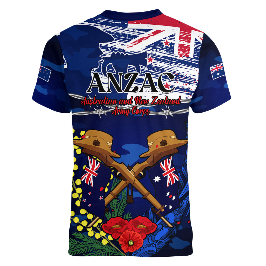 Australia And New Zealand ANZAC Day Women V Neck T Shirt Lest We Forget Silver Fern With Golden Wattle - Vibe Hoodie Shop