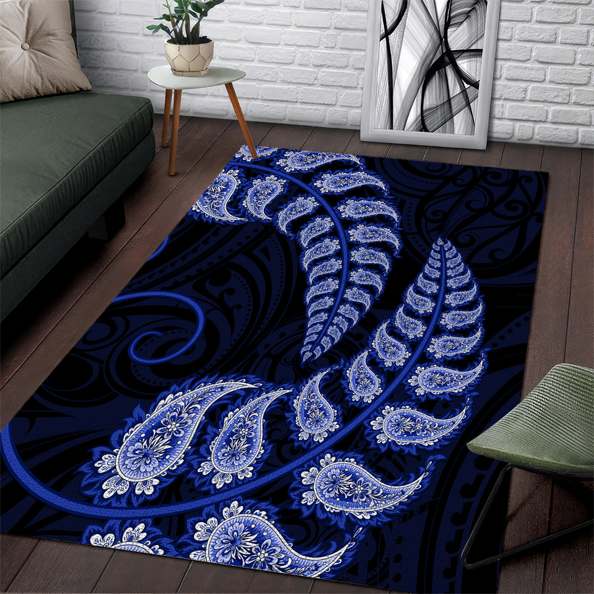 Blue New Zealand Paisley Silver Fern Area Rug Aotearoa Maori - Vibe Hoodie Shop