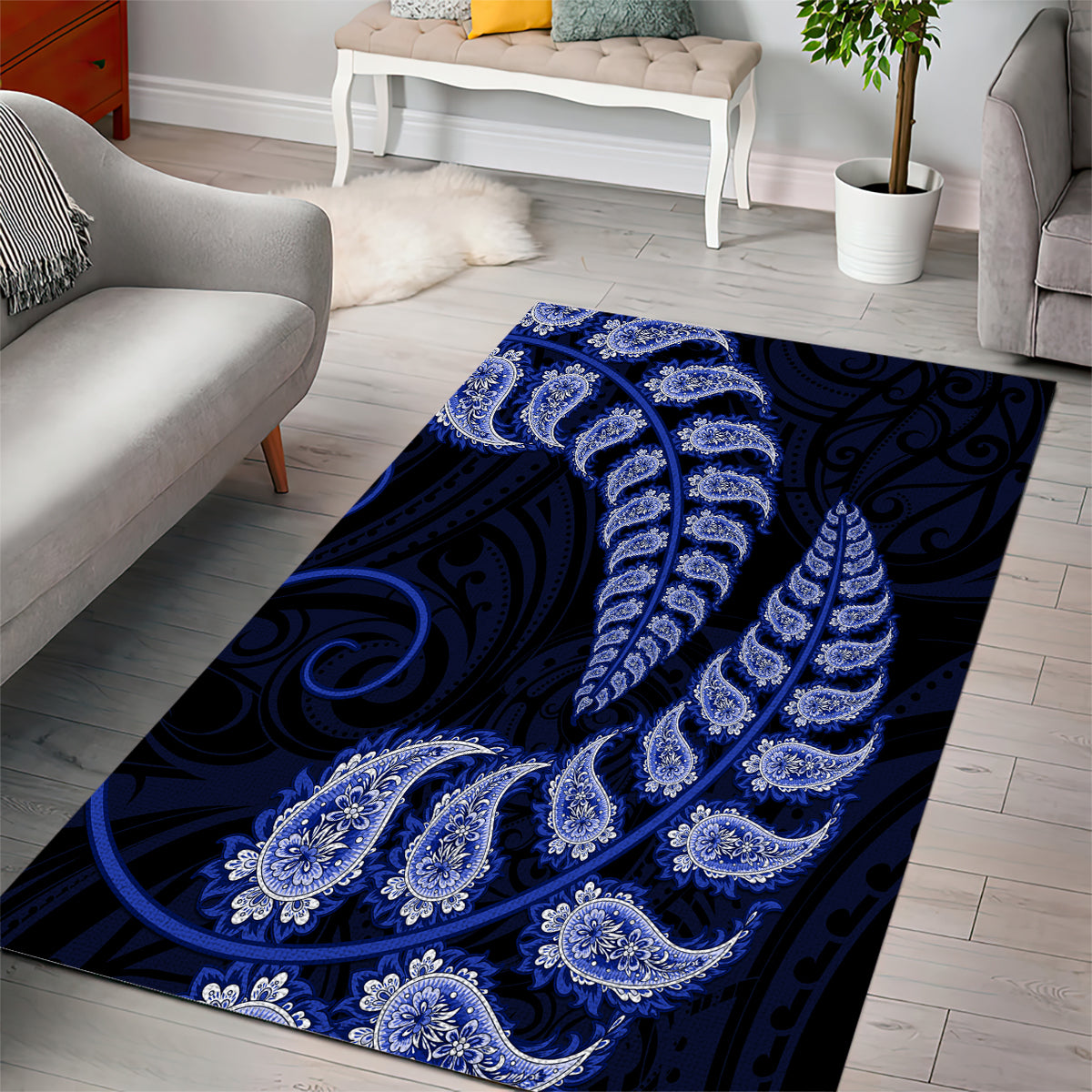 Blue New Zealand Paisley Silver Fern Area Rug Aotearoa Maori - Vibe Hoodie Shop